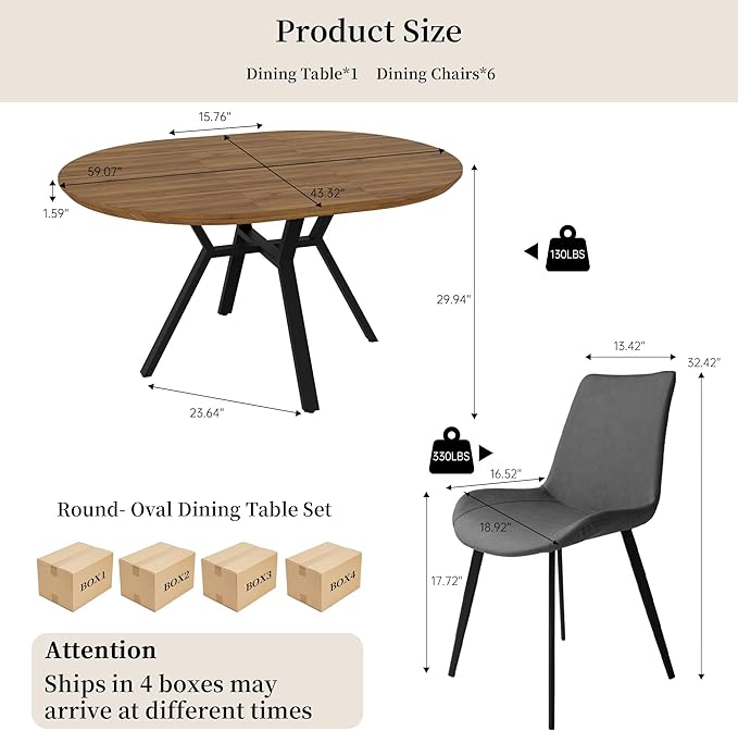 Extendable Round Dining Table Set for 6 People, 43.3"-59.1" Extendable Kitchen Table with 6 Upholstered Chairs, Space Saving for Kitchen Dining Room (Walnut Table+6 Grey Chairs)