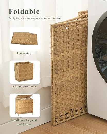 Laundry Hamper with Lid 132 L, (35 Gallons) Clothes Hamper with Lid, Handwoven Rattan Laundry Hamper with Metal Heightened Feet, Laundry Hampers with 3 Removable Liner Bags for Laundry-Natural