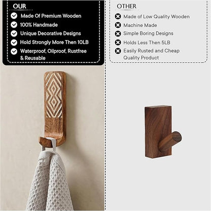 Indian Shelf Boho Decorative Wood Adhesive Wall Hooks for Hanging Coats, Keys, Leash, Hat, Towel Holder, Cute Sticky Key Holder, Brown and White Western Wall Décor (6 Hooks 12 Strips)