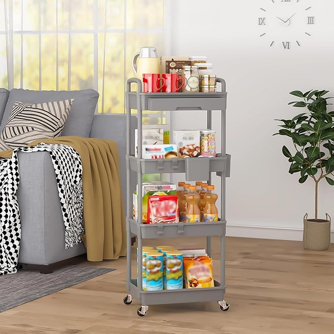 LLMRR 4 Tier Rolling Utility Cart with Drawer, Plastic Storage Organizer Rolling Carts with Wheels Handles Hanging Cups Hooks for Office, Bathroom, Kitchen,Craft Art Room (Grey)