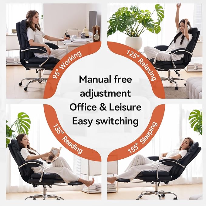 LEAGOO Office Chair with Foot Rest, Executive Reclining Office Chairs with Arms, Ergonomic High Back PU Leather Comfy Swivel Computer Desk Chairs with Wheels and Lumbar Support for Home Office, Black