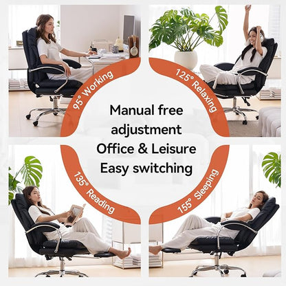 LEAGOO Office Chair with Foot Rest, Executive Reclining Office Chairs with Arms, Ergonomic High Back PU Leather Comfy Swivel Computer Desk Chairs with Wheels and Lumbar Support for Home Office, Black