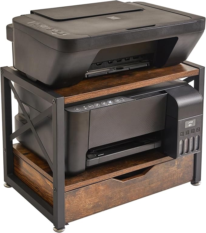 IBUYKE 2 Tier Desktop Printer Stand,Multi-Purpose Desk Organizer,Wooden Printer Stand with Drawer Storage for Folders,Books,for Fax Machine, Scanner,Home Office,Rustic Brown UTLJ006H