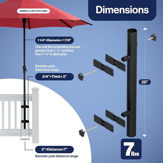 Patio Umbrella Holder – Easy Installation - Space Saving Umbrella Holder Design - Outdoor Umbrella Base and Mount - Attaches to Railing Maximizing Outdoor Patio Space and Shade, White