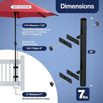 Patio Umbrella Holder – Easy Installation - Space Saving Umbrella Holder Design - Outdoor Umbrella Base and Mount - Attaches to Railing Maximizing Outdoor Patio Space and Shade, White