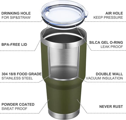 MEWAY 30oz Insulated Tumbler With Lids and Straws,Stainless Steel Double Vacuum Coffee Tumbler Cup, Brush, Durable Powder Coated Coffee Cup for Cold & Hot Drinks, Office, Travel(Army Green,4 PACK)