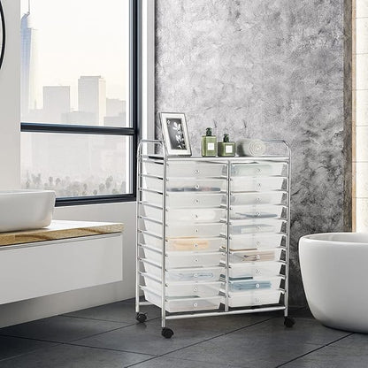 GOFLAME 20-Drawer Rolling Storage Cart, Multifunctional Art Craft Organizer Cart, Mobile Utility Storage Cart with Removable Drawers & Lockable Wheels, Craft Cart for Home Office School, Clear