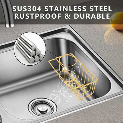 blueden 3-in-1 Adhesive Sink Caddy Kitchen Sink Organizer,Stainless Steel Sponge and Brush Holder for Kitchen Sink,Suitable for Sponges,Dish Cloth,Scrubbers, Soap, Kitchen, Bathroom.Gold