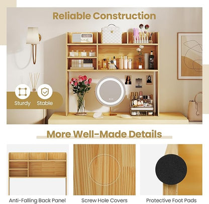 Tangkula Desktop Bookshelf for Computer Up to 32”, 37” Countertop Storage Hutch with 6 Storage Shelves, 3-Tier Desktop Organizer Display Rack, Wooden Desk Hutch for Dorm Home Office (Burlywood)
