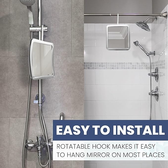 MIRRORVANA Hanging Fogless Shower Mirror for Shaving with 360° Rotatable Swivel Hook - Anti Fog and Shatterproof 6.3" x 6.3" Surface (Chrome)