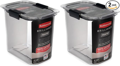 Rubbermaid Brilliance 12-Cup Airtight Food Storage Container,Perfect for Pantry Staples,Clear/Grey,(Pack of 2)
