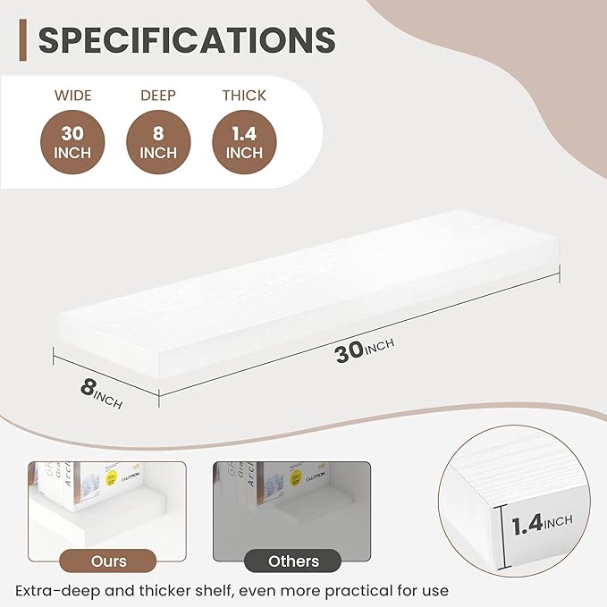 Acovy 30 Inch Floating Shelves, 8 Inch Deep Floating Shelves for Wall, Hanging Shelf with Invisible Brackets, Deep Shelves for Bathroom, Bedroom, Living Room, White, Set of 2