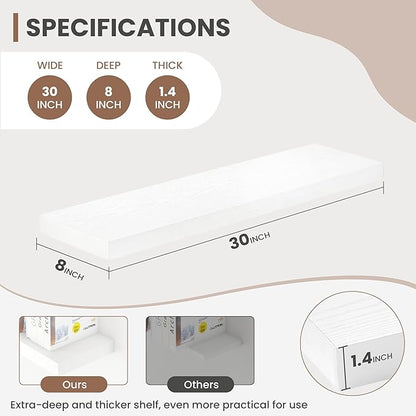 Acovy 30 Inch Floating Shelves, 8 Inch Deep Floating Shelves for Wall, Hanging Shelf with Invisible Brackets, Deep Shelves for Bathroom, Bedroom, Living Room, White, Set of 2