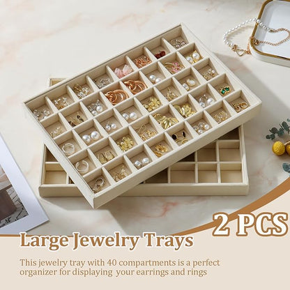 Large Velvet Jewelry Tray 2 Pack Stackable Jewelry Display Drawer Inserts Trays Organizer for Earring Bracelet Necklace Ring (Beige, 40 Grids)