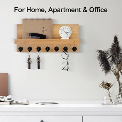 Key Holder Wall Mount, Entryway Key and Mail Holder with 7 Sturdy Hooks for Sunglasses, Dog Leash, Decorative Wall Shelf with Mounting Hardware, 15”W x 6.7”H x 4.2”D