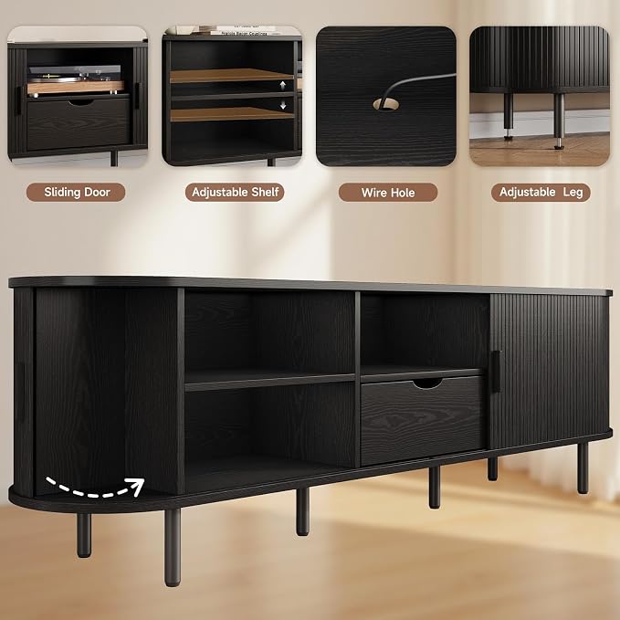 69" Mid-Century TV Stand with Power Outlet, Fluted Entertainment Center with Storage Drawer, TV Console with Sliding Door and Adjustable Shelves, TV Stand up to 80" for Living Room, Bedroom, Black
