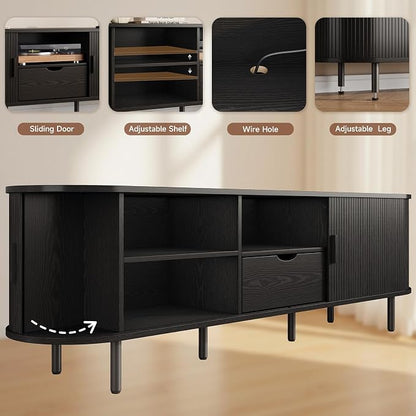 69" Mid-Century TV Stand with Power Outlet, Fluted Entertainment Center with Storage Drawer, TV Console with Sliding Door and Adjustable Shelves, TV Stand up to 80" for Living Room, Bedroom, Black