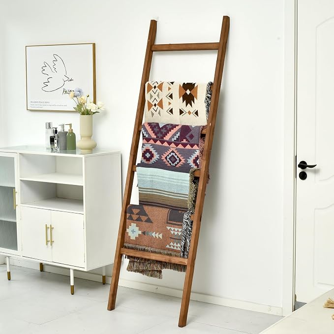FUIN 6.4ft Extra Wide Wooden Blanket Ladder Living Room Decorative Wal Leaning Farmhouse Quilt Display Holder Rustic Wood Towel Rack for Bathroom, Brown, 24 inch Wide