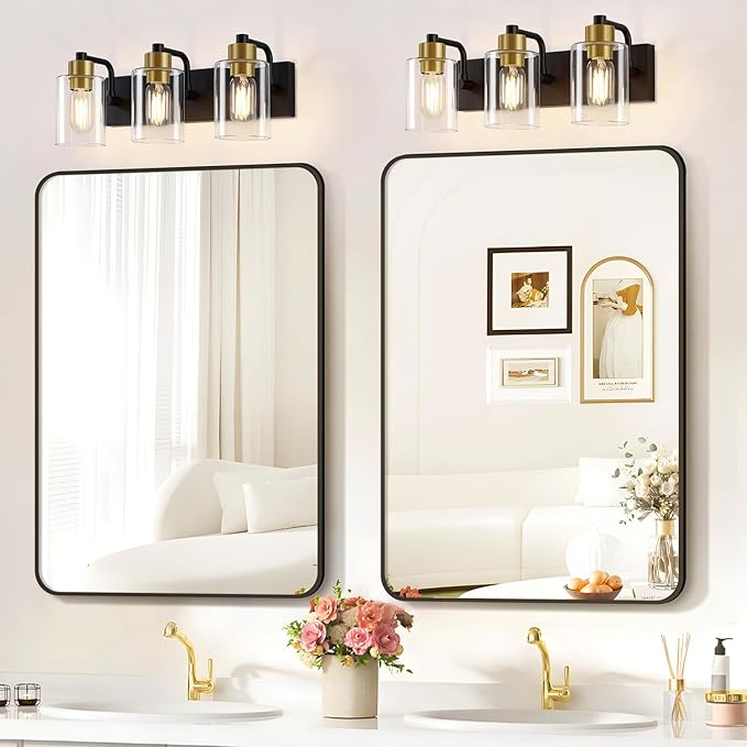 Bathroom Light Fixtures,Matte Black and Gold 3-Light Bathroom Lights with Clear Glass Shade,Modern Wall Sconces Over Mirror for Bathroom, Black&Gold, JD-188