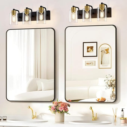 Bathroom Light Fixtures,Matte Black and Gold 3-Light Bathroom Lights with Clear Glass Shade,Modern Wall Sconces Over Mirror for Bathroom, Black&Gold, JD-188