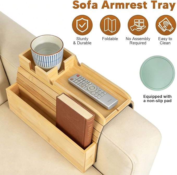 Bamboo Foldable Sofa Armrest Tray with Storage, Anti-Slip Cup Holder & Coaster, Splash-Proof Remote Caddy for Snacks and Phones.Fits 4-6 Inch Flat and Mini Curved Sofa Armrest for Home Living Room