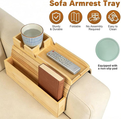 Bamboo Foldable Sofa Armrest Tray with Storage, Anti-Slip Cup Holder & Coaster, Splash-Proof Remote Caddy for Snacks and Phones.Fits 4-6 Inch Flat and Mini Curved Sofa Armrest for Home Living Room
