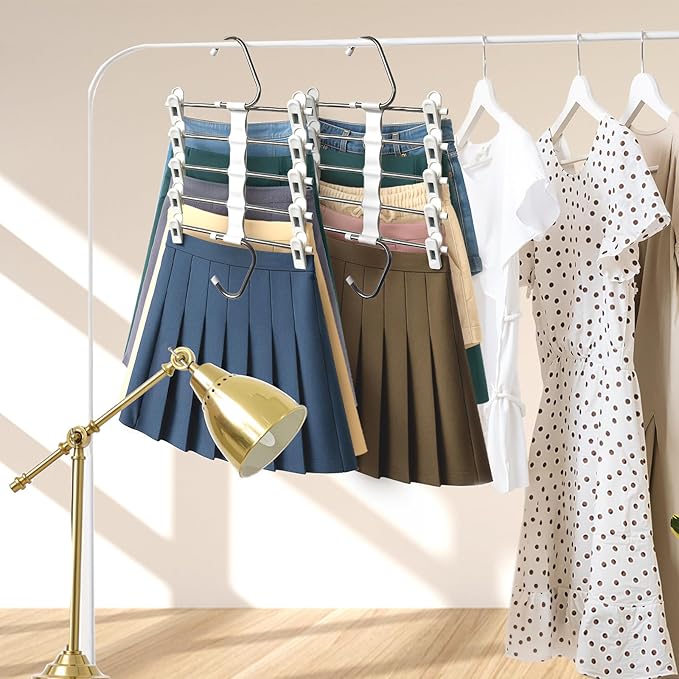 Skirt Hangers Pants Hangers Space Saving with Clips - 2 Pack - Space Saving Metal Closet Organizer for Shorts, Skirts, and Pants - Closet Organizer and Storage for Pants Jeans Skirts Legging