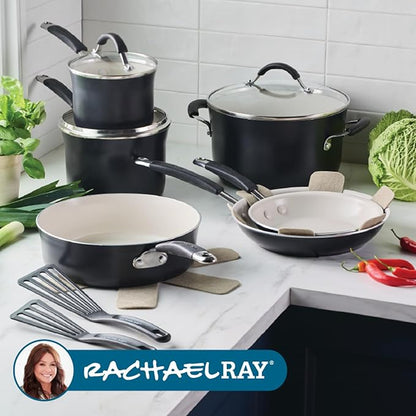 Rachael Ray Cucina Ceramic Cookware Set - 13 Pieces - Ceramic Pots and Pans Set w/Nonstick Frying Pans, Saute Pan, Saucepans, Stockpot, Lids, Pan Protectors - Peppercorn