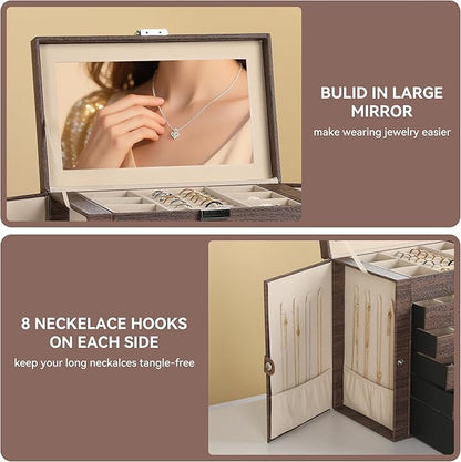 Frebeauty Large Jewelry Box,6-Tier PU Leather Jewelry Organizer,Multi-functional Storage Case with Mirror,Accessories Holder with 5 Drawers for Necklace Bracelets Watches(Tree Brown)