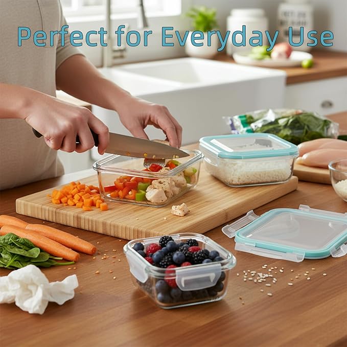 8 Pack Glass Food Storage Containers with Airtight Lids, Glass Sets with Lids, Meal Prep Containers for Microwave, Oven, Freezer and Dishwasher