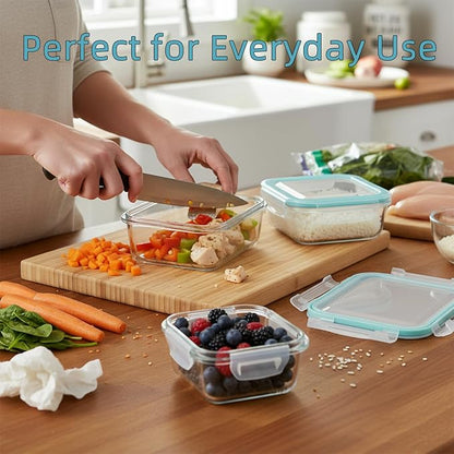 8 Pack Glass Food Storage Containers with Airtight Lids, Glass Sets with Lids, Meal Prep Containers for Microwave, Oven, Freezer and Dishwasher