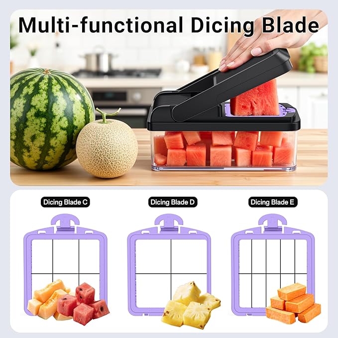 SpaceHacks 15-in-1 Vegetable Chopper, Kitchen Gadgets with 10 Blades, Veggie, Food, Onion Chopper, Cucumber Slicer, Versatile Mandoline, Includes Egg Separator & Finger Guard, Purple