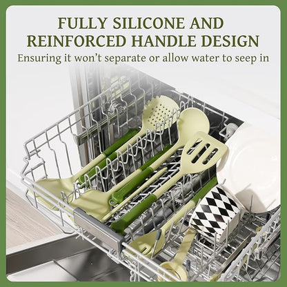 Kikcoin 43Pcs Kitchen Utensils Set - Silicone Cooking Utensil Set, Dishwasher Safe Spatula for Non-stick Cookware, 446°F Heat Resistant Kitchen Gadgets with Holder BPA Free, Avocado Green