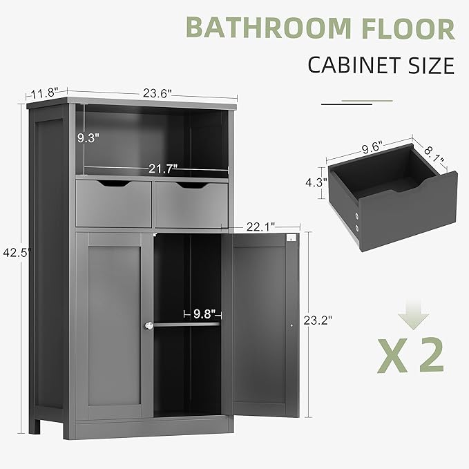 Shintenchi Floor Storage Cabinet, Bathroom Storage Organizer with Doors and Drawers, Freestanding Side Cupboard Pantry with Adjustable Shelf for Bathroom/Kitchen/Livingroom, Gray