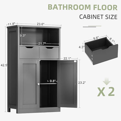 Shintenchi Floor Storage Cabinet, Bathroom Storage Organizer with Doors and Drawers, Freestanding Side Cupboard Pantry with Adjustable Shelf for Bathroom/Kitchen/Livingroom, Gray