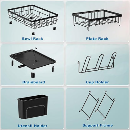 GAOKASE Dish Drying Rack, Stainless Steel-Dish Rack, Dish Racks for Kitchen Counter, Kitchen Dish Drainers with Removable Utensil Holder,New Drain Outlet,Plate Rack and Drainboard (Black 3)