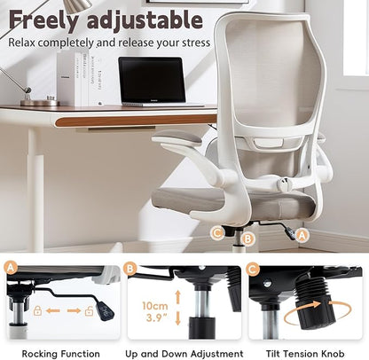 Ergonomic Office Chair, High Back Breathable Mesh Computer Desk Chair with Adjustable Lumbar Support and Flip-Up Armrests, 300LB Capacity Executive Swivel Task Gaming Seat for Home and Office (White)
