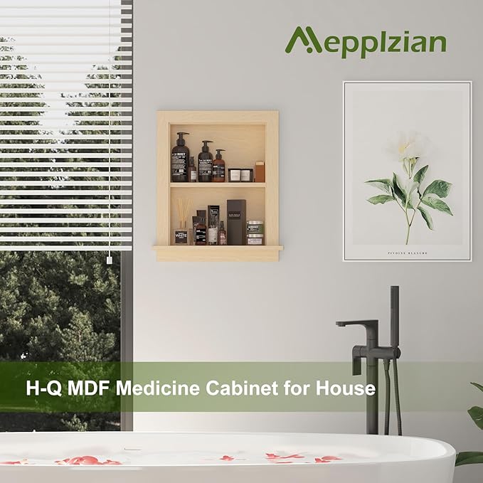 Recessed Medicine Cabinet Inset,Bathroom Wall Niche Insert for Drywall,14x18 Bathroom Medicine Cabinet Shelf Wood Replacement,in Wall Cabinet with Storage for Restaurant,Imitation Natural