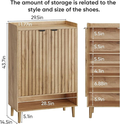 Smuxee Oak Shoe Cabinet with Fluted Doors, 6-Tier Shoe Storage Cabinet with Adjustable Shelves, Freestanding Shoe Organizer Cabinet for Entryway, Hallway, Closet, Living Room