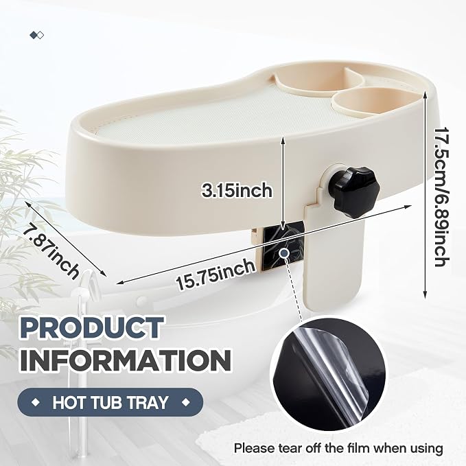 Geelin 2 Pcs Hot Tub Table Tray, Adjustable Aboveground Bathtub Tray with 2 Cup Holder, Between 2'' to 7.5'' Nonslip Hot Tub Accessories Shelf Drinks Snacks Phone Holder for Spa Bathtub (Ivory White)