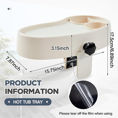 Geelin 2 Pcs Hot Tub Table Tray, Adjustable Aboveground Bathtub Tray with 2 Cup Holder, Between 2'' to 7.5'' Nonslip Hot Tub Accessories Shelf Drinks Snacks Phone Holder for Spa Bathtub (Ivory White)