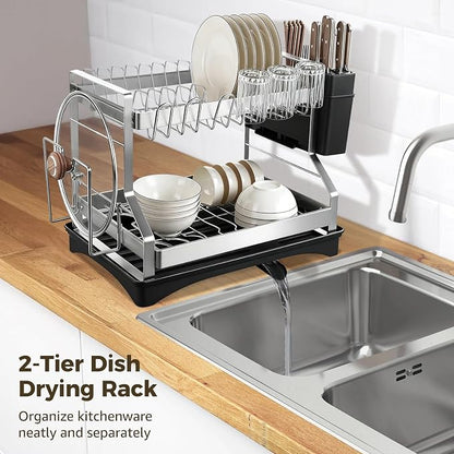 OMISTAR 2 Tier Dish Drying Rack, Large Dish Rack for Kitchen Counter, Stainless Steel Dish Rack with Drainboard and Utensil Holder, Cup Holder, Cutting Board Holder
