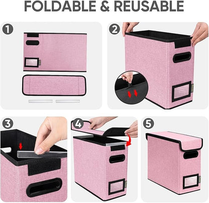 BALEINE File Organizer Box with Lid, Collapsible File Folder Organizer with Plastic Slide, Hanging File Folder Box for Office Document Storage (2 Pack, Pink, S)