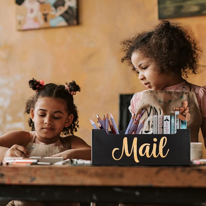 Mail Organizer Mail Holder Countertop, Rustic Wooden Mail Basket Mail Tray Letter Holder Box for Desk Home Office Wall Mount