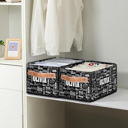 Custom Storage Baskets for Decor with Name, Small Organizer Collapsible Storage Bin with Leather Handle, Toilet Tank, Towel Storage, Entryway, Black