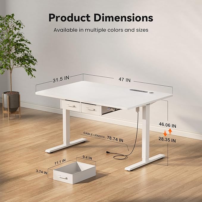 HLDIRECT Electric Standing Desk, 47 x 31.5 Inches Height Adjustable Table with Outlets, Sit Stand Computer Desk with Drawers for Home Office, Ergonomic Rising Workstation, White
