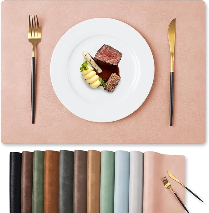 MOSAYT Vinyl Placemats Set of 6-12 X 17 Inch - Faux Leather 100% Waterproof Oil-Proof Wipeable PU Place Mats, Heat Resistant Reversible Table Mats for Kitchen, Dining, Outdoor (Pink)