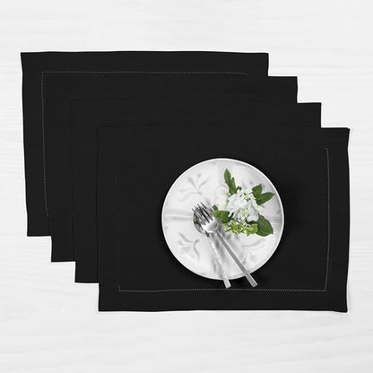 Solino Home Linen Placemats Set of 4 - Classic Hemstitch Black Placemats 14 x 19 Inch - 100% Pure Linen Table Mats for Winter, Spring, Easter