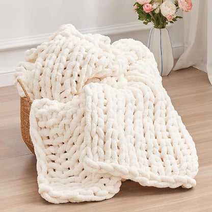 Negwoo Chunky Knit Throw Blanket, 80''*90'' Knitted Throw Chenille Yarn for Bed Couch, Handmade Cream Crochet Big Thick Blanket, Machine Washable Cute Comfy Blanket for Home Decor