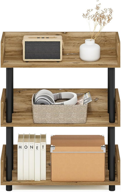 Furinno TURN-N-TUBE Display Shelf, 3-Tier Storage Shelves with Side Panels, Open Shelves Book Shelf with Rounded Corner Top Edges, for Organization and Storage, Living Room, Home Office, Flagstaff Oak